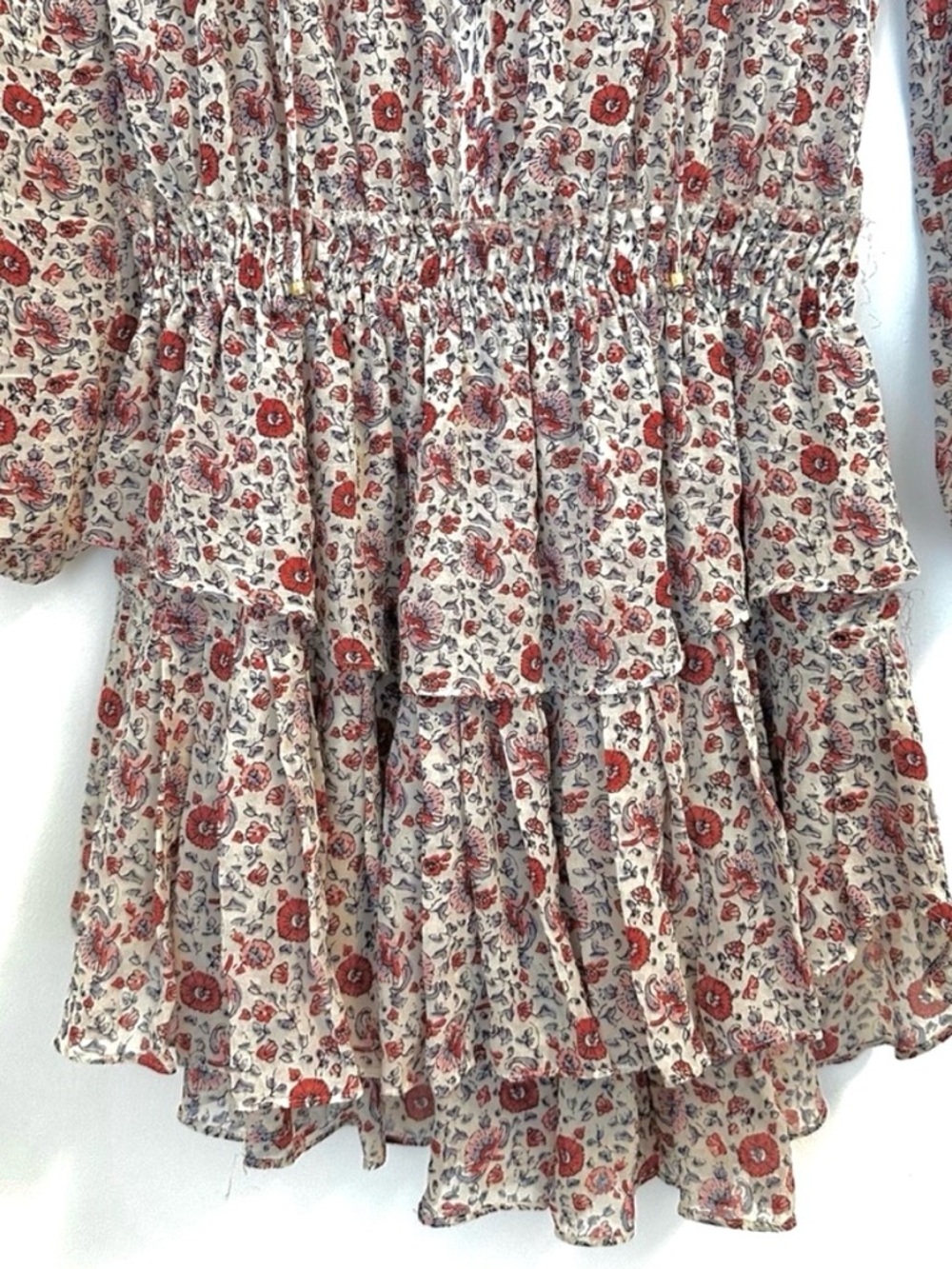 LoveShackFancy Granada Silk Mini Dress Red Floral Off Shoulder Ruffle Boho Small - Picture 8 of 10